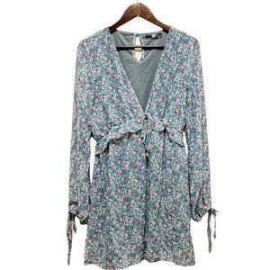 Missguided Women's Sz 12 Long Sleeve Deep V-Neck Floral Mid Dress Bohemian Multi